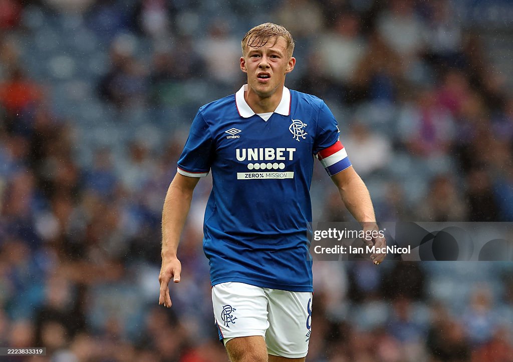 Baron Rengers Connor Barron of Rangers looks on during the pre-season friendly ...