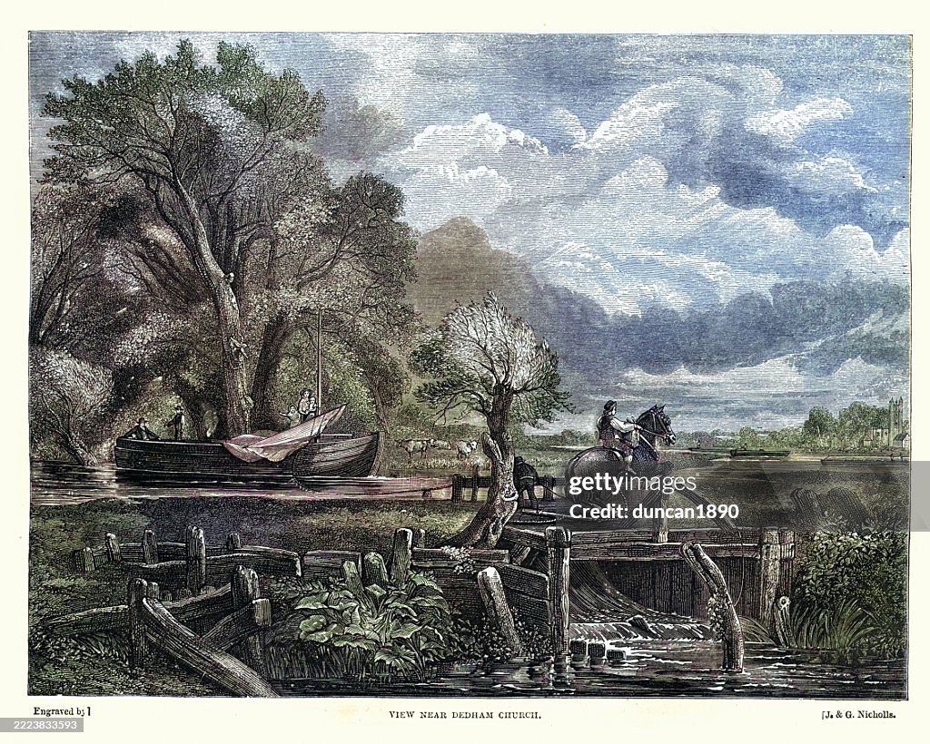 Barge, Rider on horse, Canal and lock near Dedham, Colchester, Victorian, 19th Century
