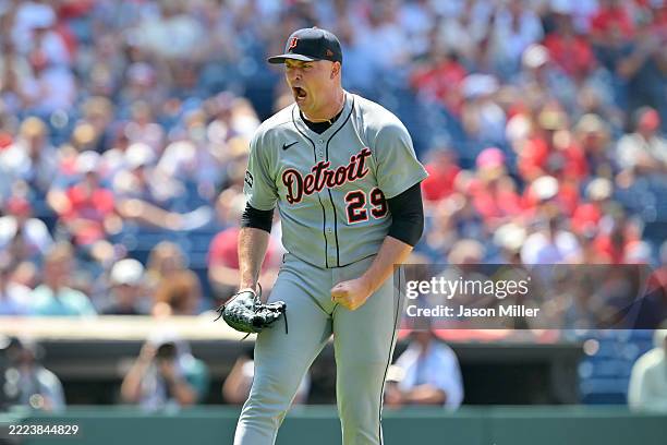 Starting pitcher Tarik Skubal of the Detroit Tigers celebrates after the last out of the seventh inning against the Cleveland Guardians at...