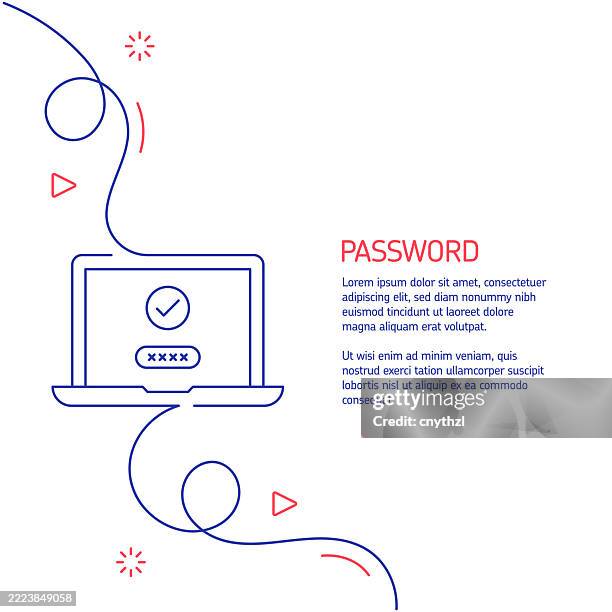 continuous line drawing of password icon. hand drawn symbol vector illustration. minimalist design with thin blue and red lines. - verification stock illustrations