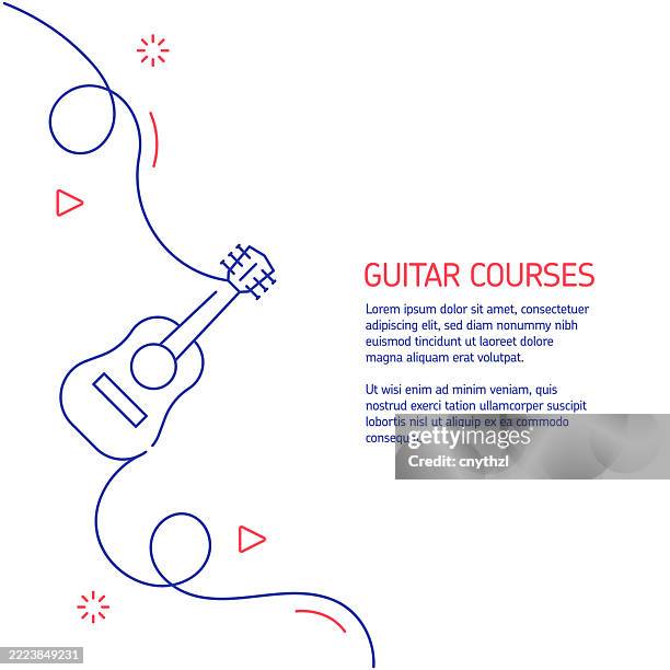 continuous line drawing of guitar courses icon. hand drawn symbol vector illustration. minimalist design with thin blue and red lines. - continuous learning stock illustrations