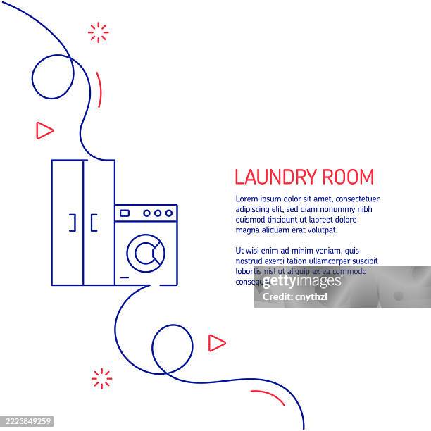 continuous line drawing of laundry room icon. hand drawn symbol vector illustration. minimalist design with thin blue and red lines. - utility room stock illustrations