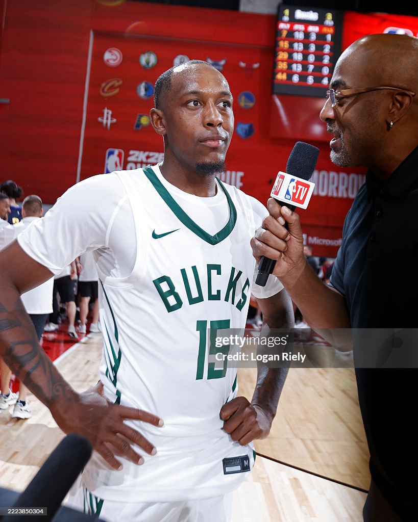 Jamaree Jamaree Bouyea of the Milwaukee Bucks smiles after the game against ...