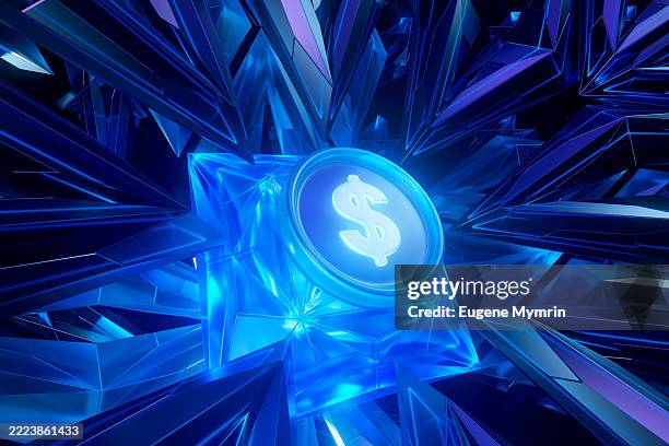 dollar symbol shining inside a crystal cube surrounded by sharp crystals - digital currency stock pictures, royalty-free photos & images