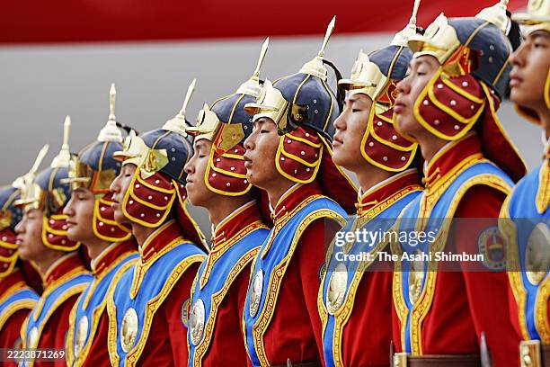 Honour guards line up prior to the arrival of Emperor Naruhito and Empress Masako at Chinggis Khaan International Airport on July 6, 2025 in...