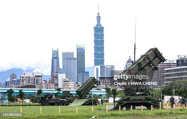 Air Force Patriot missile systems are deployed at a local park during Taiwan's annual Han Kuang military exercise in Taipei on July 11, 2025.