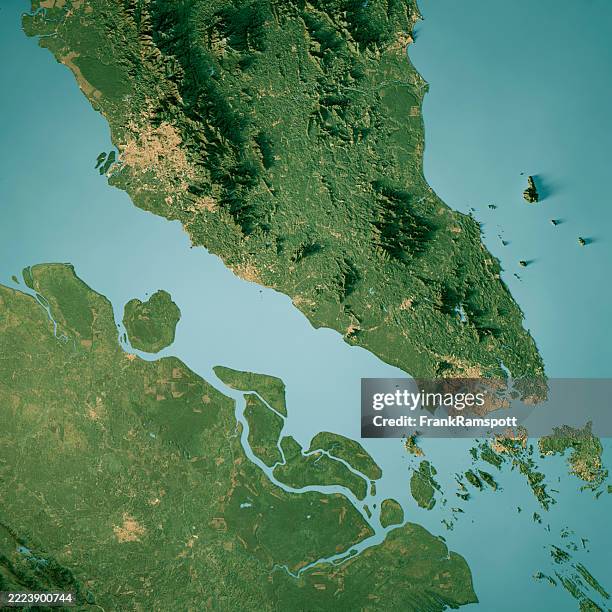 strait of malacca satellite topographic map 3d render color - malaysia map stock pictures, royalty-free photos & images