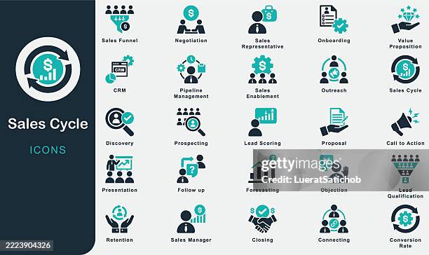 ilustrações de stock, clip art, desenhos animados e ícones de sales cycle solid icons collection.containing prospecting, lead qualification, discovery, presentation, proposal, negotiation, closing, sale, onboarding, retention, sales funnel, pipeline, management - gerador
