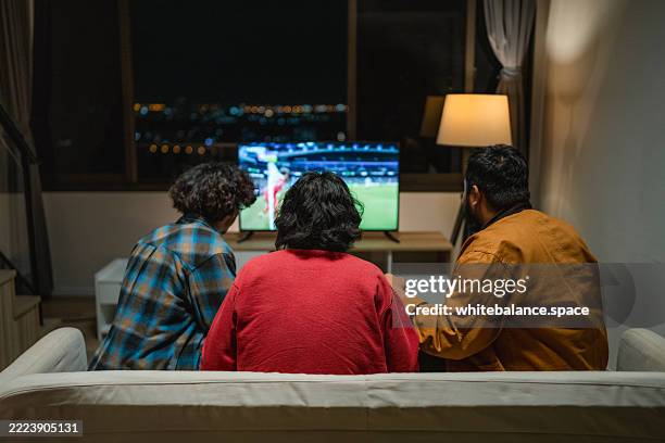 group of excited football fans cheering and celebrating in front of the tv as their favorite team scores a goal - live streaming stock pictures, royalty-free photos & images