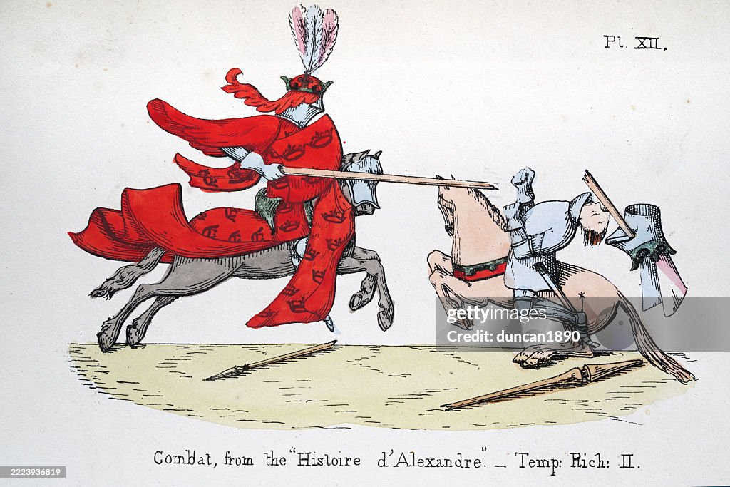 History of Medieval Knights jousting, lance breaking in visor, helmet being knocked off, English 14th Century