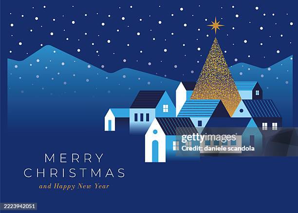 ilustraciones, imágenes clip art, dibujos animados e iconos de stock de christmas card. christmas background with houses and christmas tree. - a magic way of going