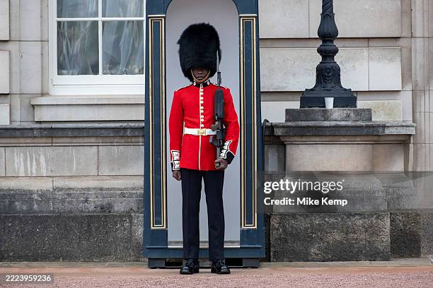 Sentry on guard outside Buckingham Palace on 7th July 2025 in London, United Kingdom. Buckingham Palace sentries are from one of the five regiments...