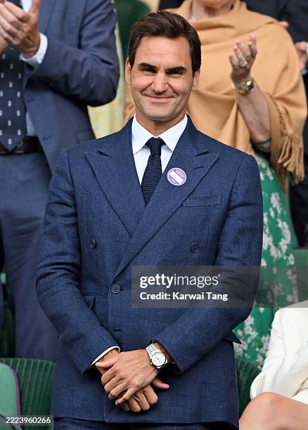 Roger Federer attends day eight of the Wimbledon Tennis Championships at the All England Lawn Tennis and Croquet Club on July 07, 2025 in London,...