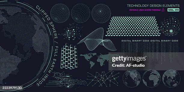 ilustrações de stock, clip art, desenhos animados e ícones de 3d tech design elements – abstract digital shapes and data waves set - oscilação curvada
