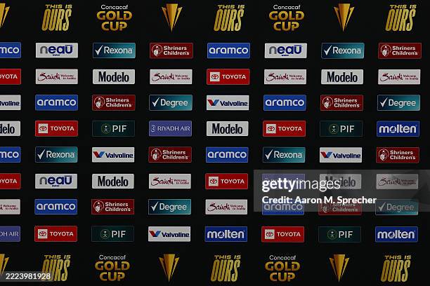 Detail view of CONCACAF Gold Cup sponsorship signage before the finals of the CONCACAF Gold Cup 2025 between the United States and Mexico at NRG...