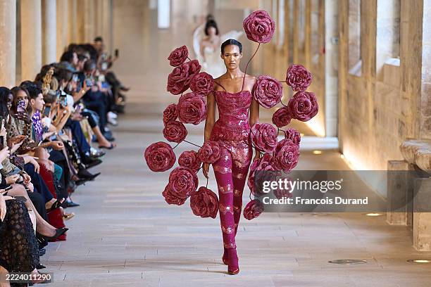 Model walks the runway during the Rahul Mishra Haute Couture Fall/Winter 2025/2026 show as part of Paris Fashion Week on July 07, 2025 in Paris,...