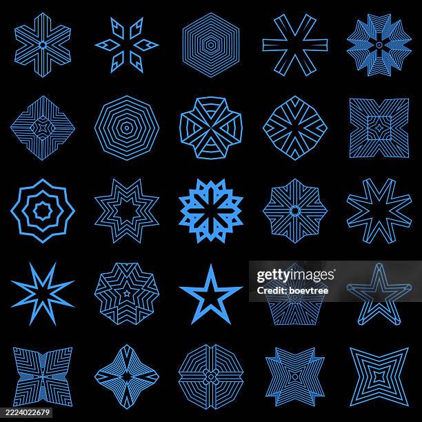 abstract blue line wire geometric pattern icon set collection on black background - guilloche vector stock illustrations