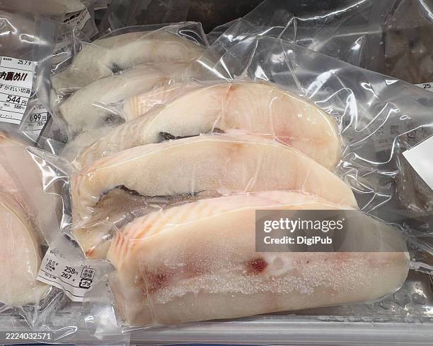 vacuum-packed frozen canada flounder (greenland halibut) skinless fillets - frozen fish fillets stockfoto's en -beelden