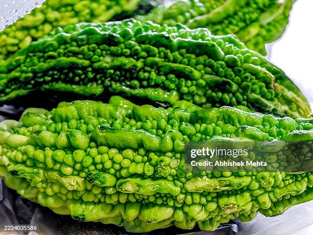 textured green bitter gourd close-up - bumpy gourd stock pictures, royalty-free photos & images