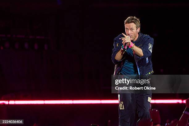Chris Martin of Coldplay performs at Rogers Stadium on July 07, 2025 in Toronto, Ontario.