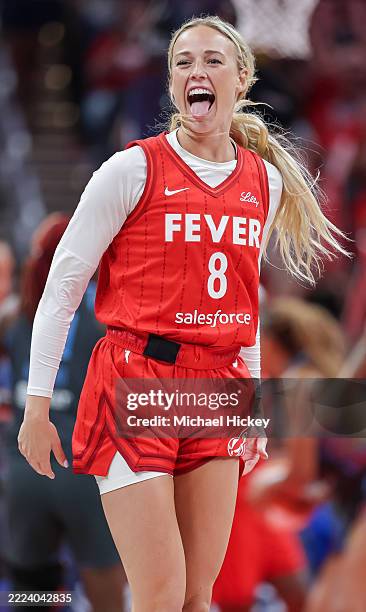 Sophie Cunningham of the Indiana Fever reacts during the second half against the Atlanta Dream at Gainbridge Fieldhouse on July 11, 2025 in...