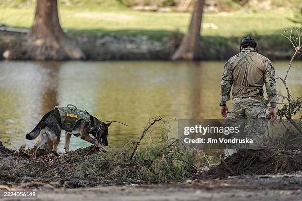 Cadaver dog aids on a search and rescue operation on the bank of the Guadalupe River on July 11, 2025 in Kerville, Texas. Heavy rainfall caused...
