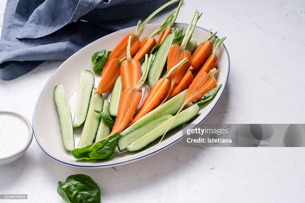 Fresh vegetables with buttermilk ranch salad dressing dip, copy space