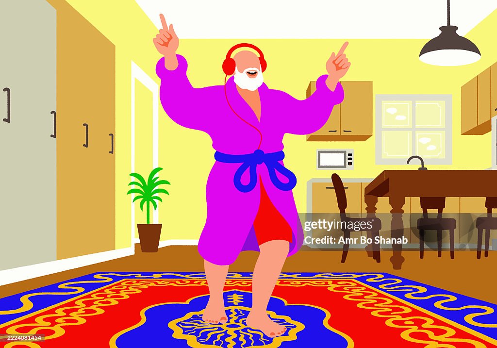 Elderly man in headphones dancing joyfully in a colorful kitchen wearing a bright robe. Illustration