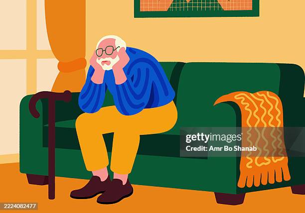 stockillustraties, clipart, cartoons en iconen met illustration of a lonely senior man sitting on a couch, looking anxious and thoughtful with his head in his hands, cane nearby - eenzaamheid