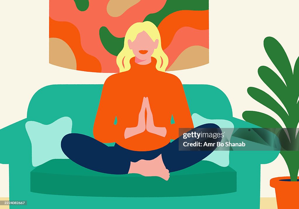 Woman meditating on teal sofa with colorful abstract wall art and green plant nearby. Illustration