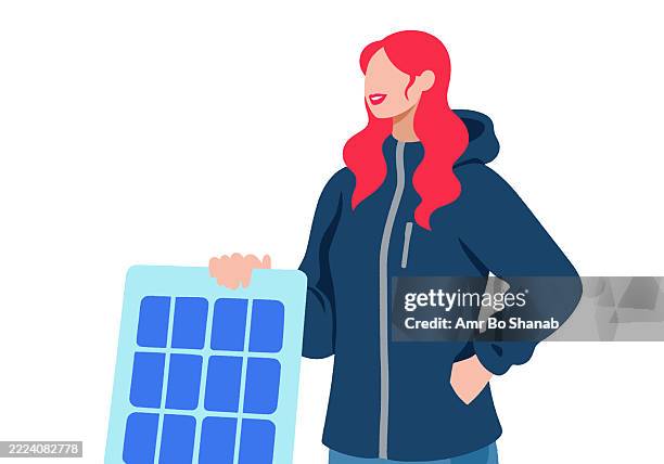 illustrations, cliparts, dessins animés et icônes de woman with red hair holding a solar panel in a blue jacket on a white background - proactive maintenance
