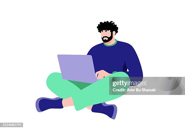 illustrated person sitting cross-legged using a laptop on a white background. illustration - man using laptop stock illustrations