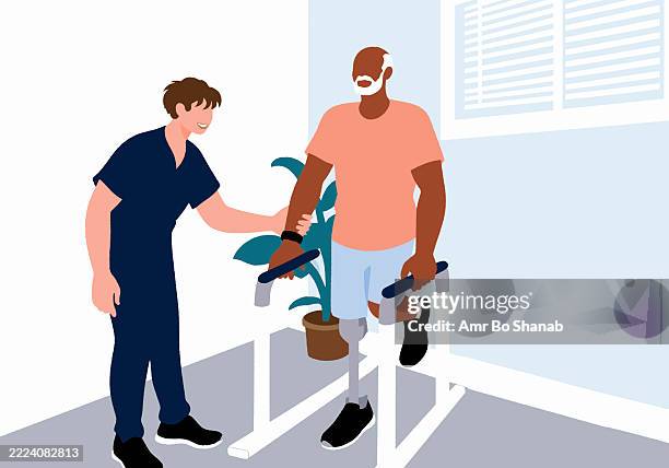 a therapist assists a man with prosthetic legs walking on parallel bars indoors. illustration - parallel bars orthopedic equipment stock illustrations