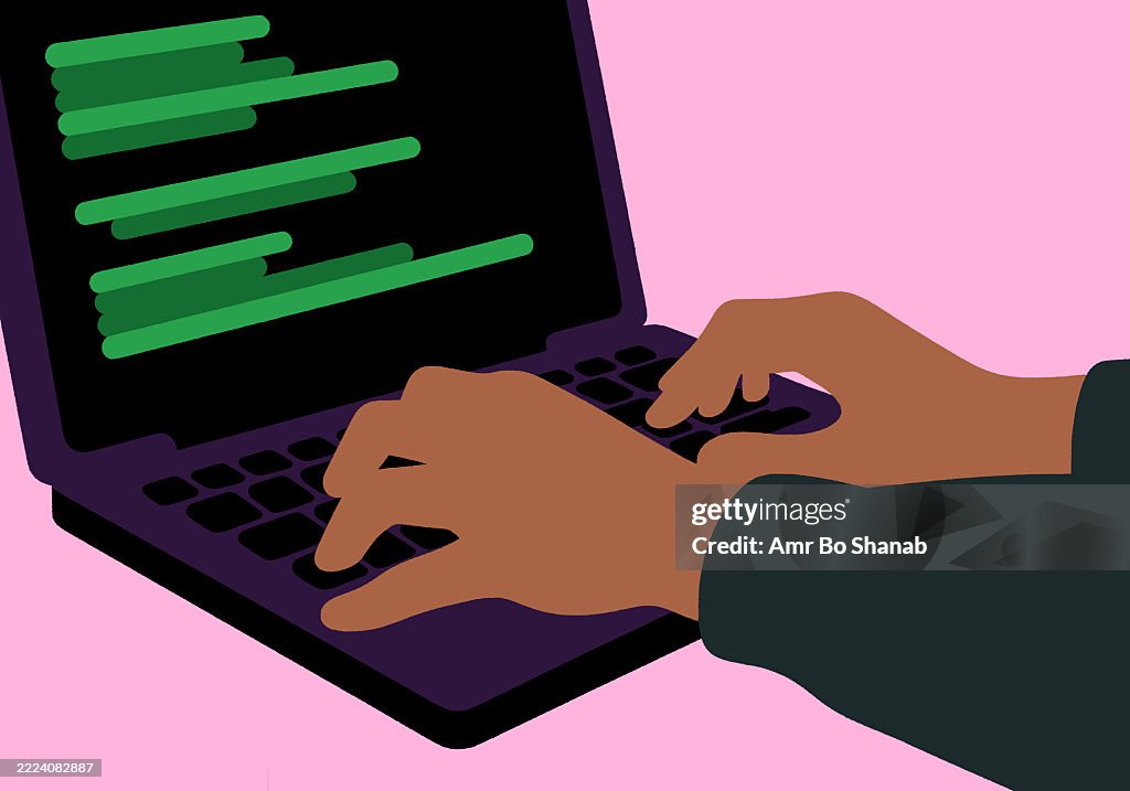 Hands Typing Code On A Laptop With A Pink Background Illustration High ...
