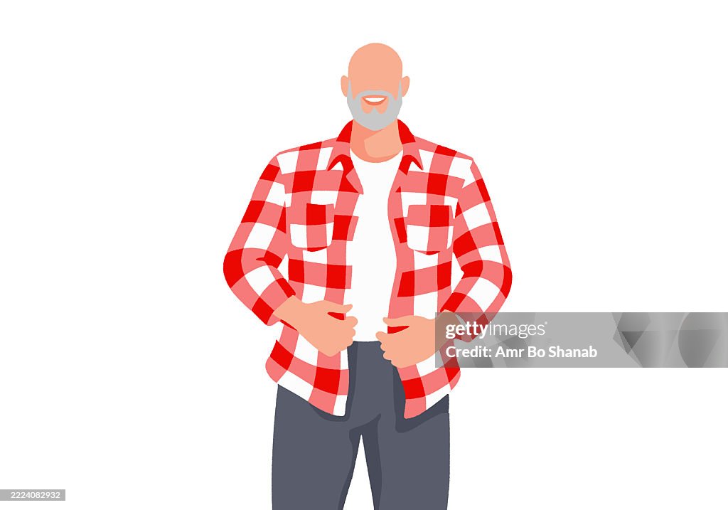 Bald man with beard wearing a red plaid shirt over a white tee on a white background. Illustration