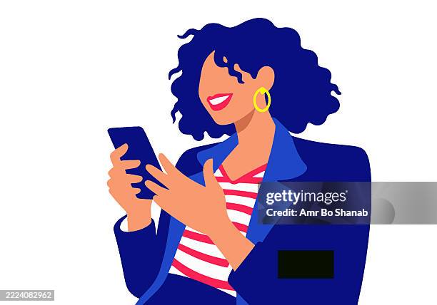 woman with curly hair in blue blazer using smartphone, smiling, isolated on white. illustration - good business icon stock illustrations