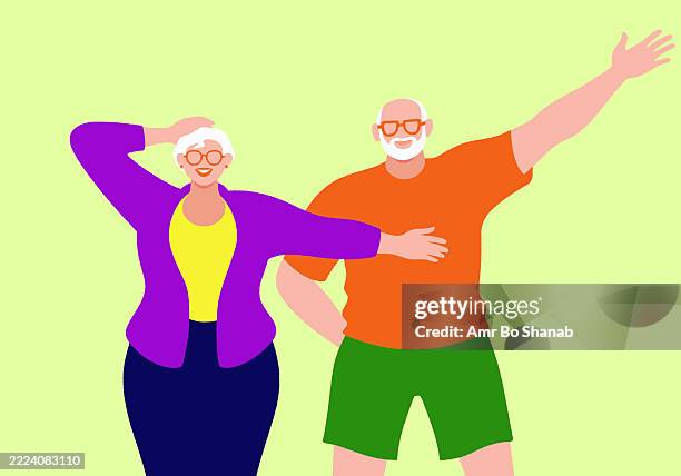 elderly couple posing joyfully with one arm raised against a light green background. illustration - animation character stock illustrations