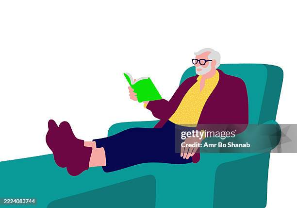 elderly man relaxing in a chair reading a book with glasses and casual attire. illustration - reading glasses stock illustrations