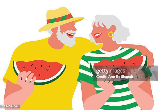 elderly couple joyfully sharing watermelon slices together. illustration - couple eating outside stock illustrations