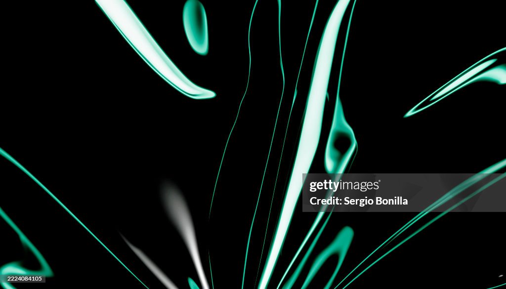 Abstract waves of teal light flow dynamically against a black background. 3D rendering