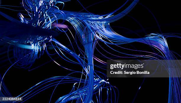 abstract blue light trails in dynamic motion on a dark background. 3d rendering - string tangle stock illustrations