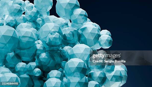 geometric pattern of blue low-poly spheres overlapping each other. 3d rendering - low poly sphere stock illustrations