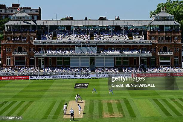 England's Chris Woakes bowls to India's Rishabh Pant with the pavilion behind on the third day of the third cricket test match between England and...