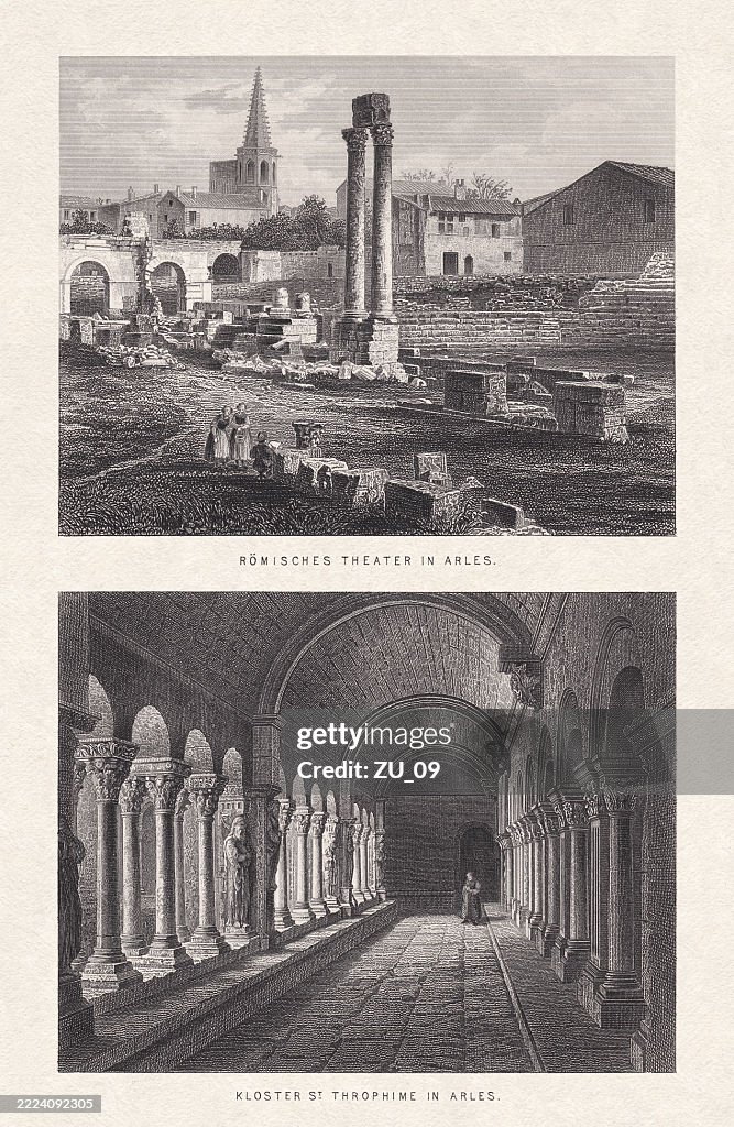 Historical views of Arles, France, steel engravings, published in 1880