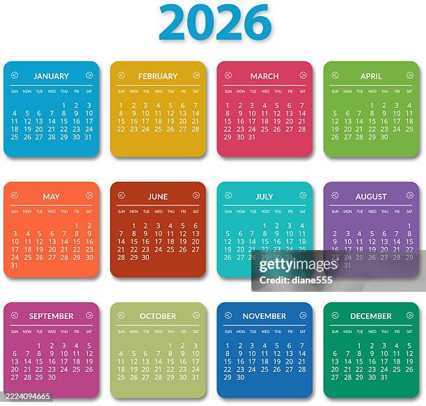 stockillustraties, clipart, cartoons en iconen met 2026 calednar with different colored months - maandelijkse gebeurtenis