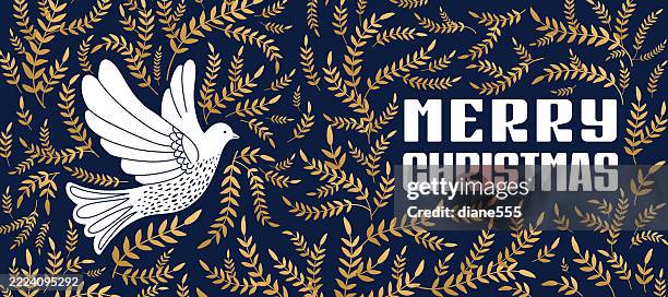 retro folk art dove surrounded by branches - free christmas wallpaper stock illustrations