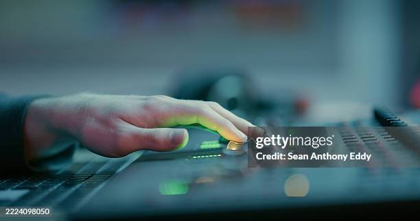 music, dj and board with hands of person in recording studio for sound engineer, song edit or production. audio technician, digital composer and equalizer equipment with closeup of producer and track - industrial power switch stock pictures, royalty-free photos & images