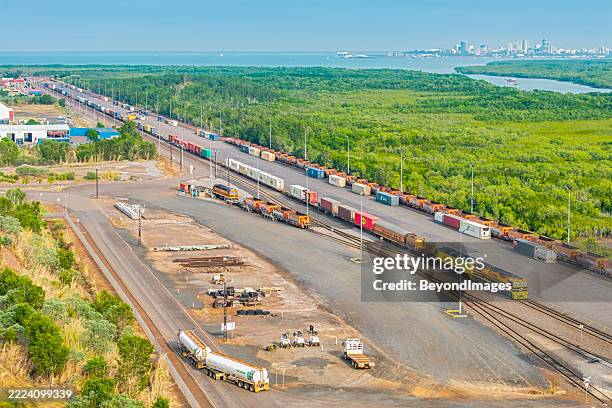 aerial view freight train ready to depart darwin - rail freight stock pictures, royalty-free photos & images