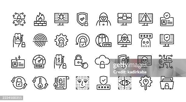 icon-set für die digitale sicherheitslinie. gruppe von objekten. firewall, verschlüsselung, phishing, malware, sicherheit. - vpn stock-grafiken, -clipart, -cartoons und -symbole