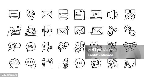 ilustraciones, imágenes clip art, dibujos animados e iconos de stock de herramientas de comunicación conjunto de iconos de línea de garabato minimalista dibujado a mano. elementos dibujados a mano para uso creativo. chat, charla, correo electrónico, mensaje, video, audio, voz, reportaje. - ponencia discurso